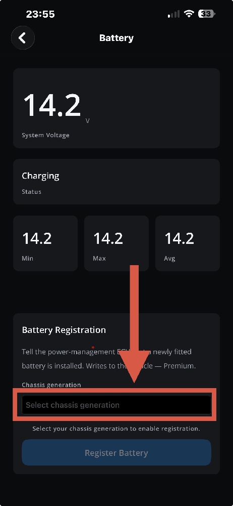BMW battery page with system voltage and Battery Registration