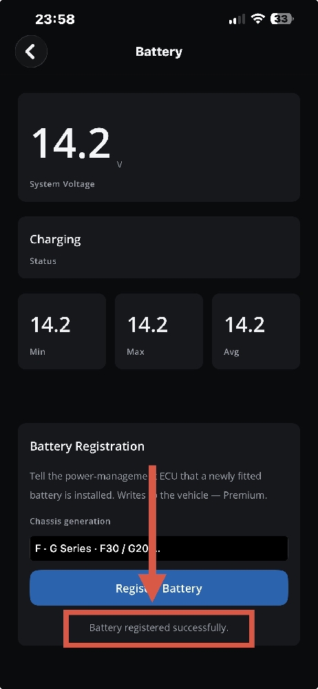 BMW battery registered successfully in DiagBimmer