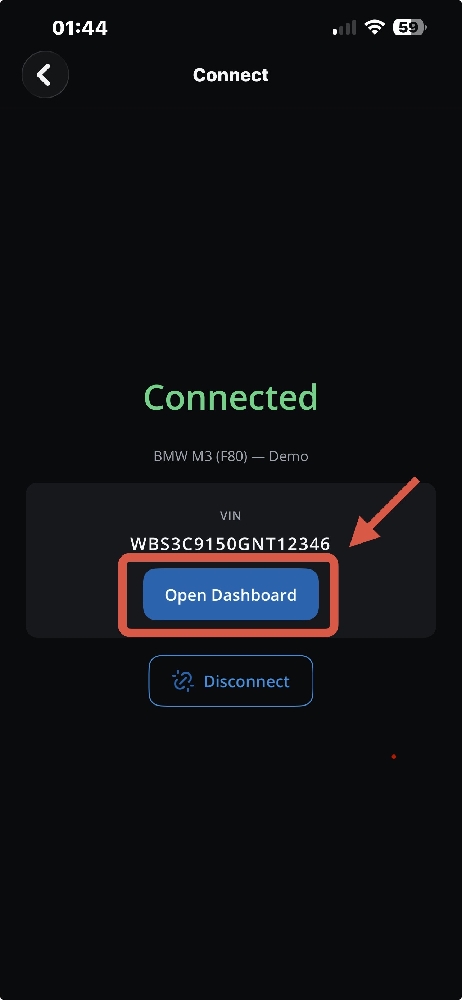 DiagBimmer Connected Status and Open Dashboard