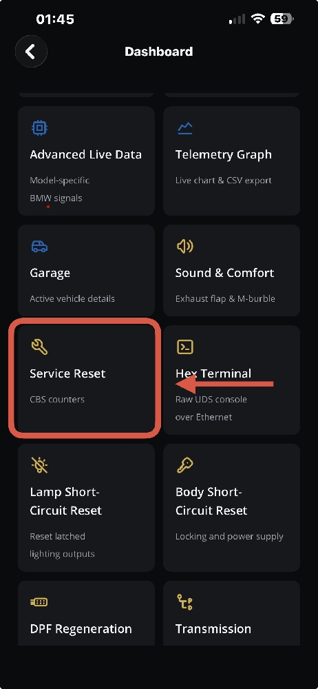 Select Service Reset Menu in DiagBimmer Dashboard