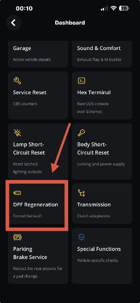 Select DPF Regeneration in DiagBimmer Dashboard