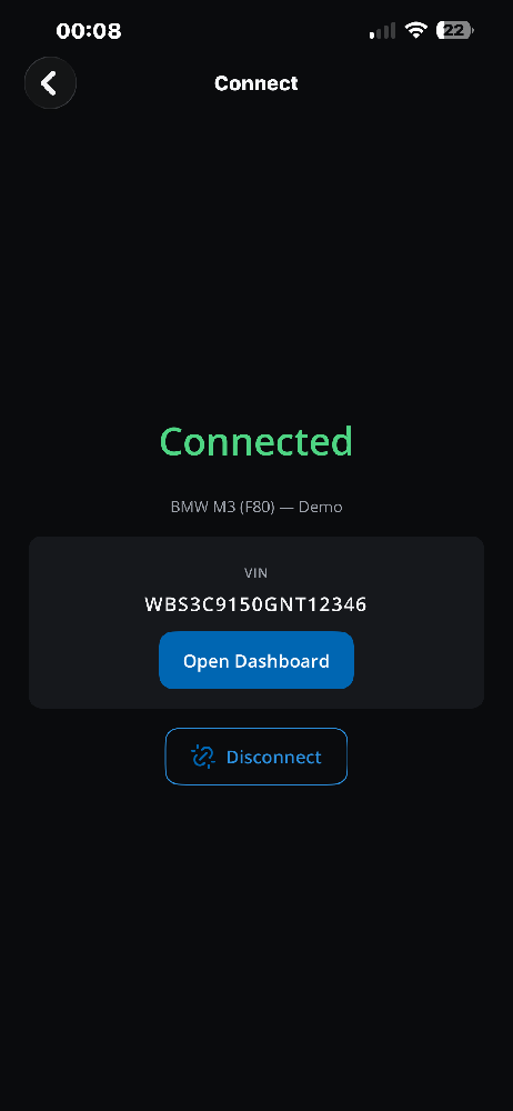 DiagBimmer Connected Status and Open Dashboard