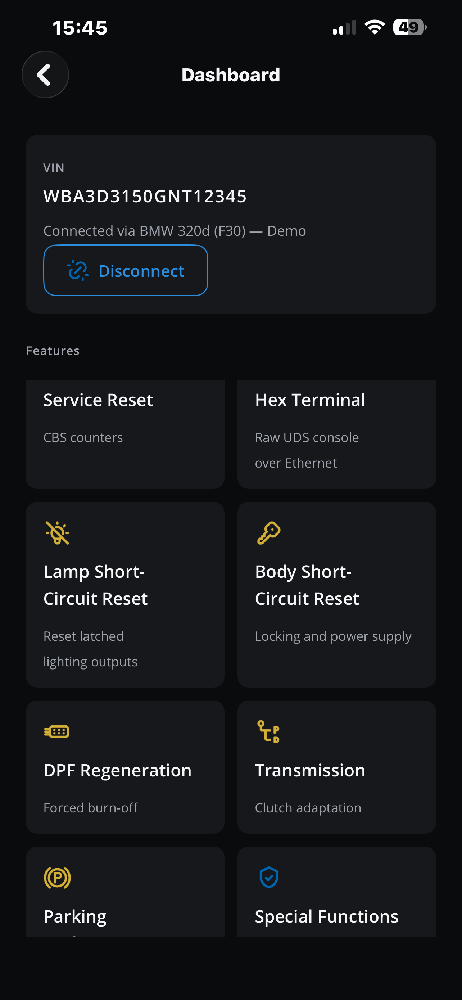 DiagBimmer Dashboard Features Menu