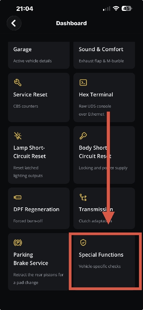 DiagBimmer Dashboard with the Special Functions tile