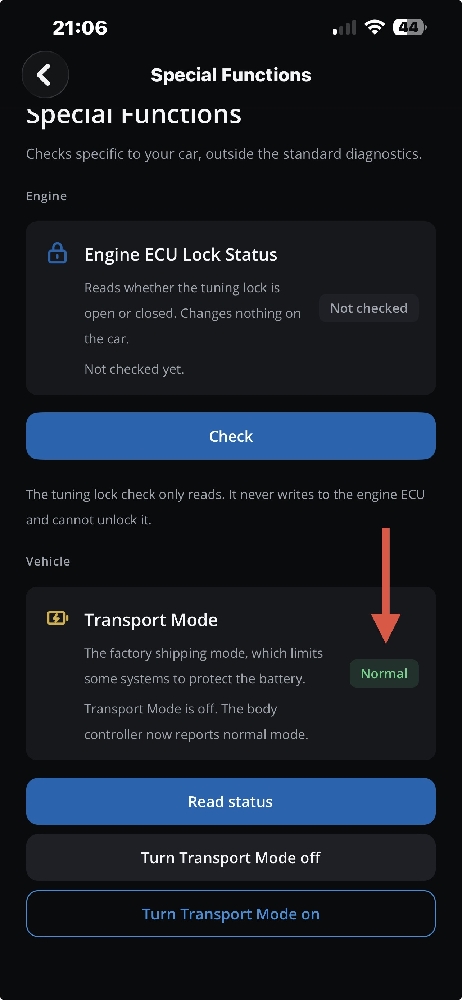 DiagBimmer Transport Mode card showing Normal after turning Transport Mode off