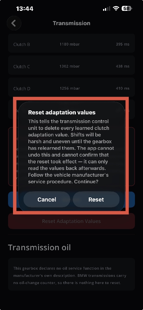 Warning Confirmation for BMW Transmission Reset